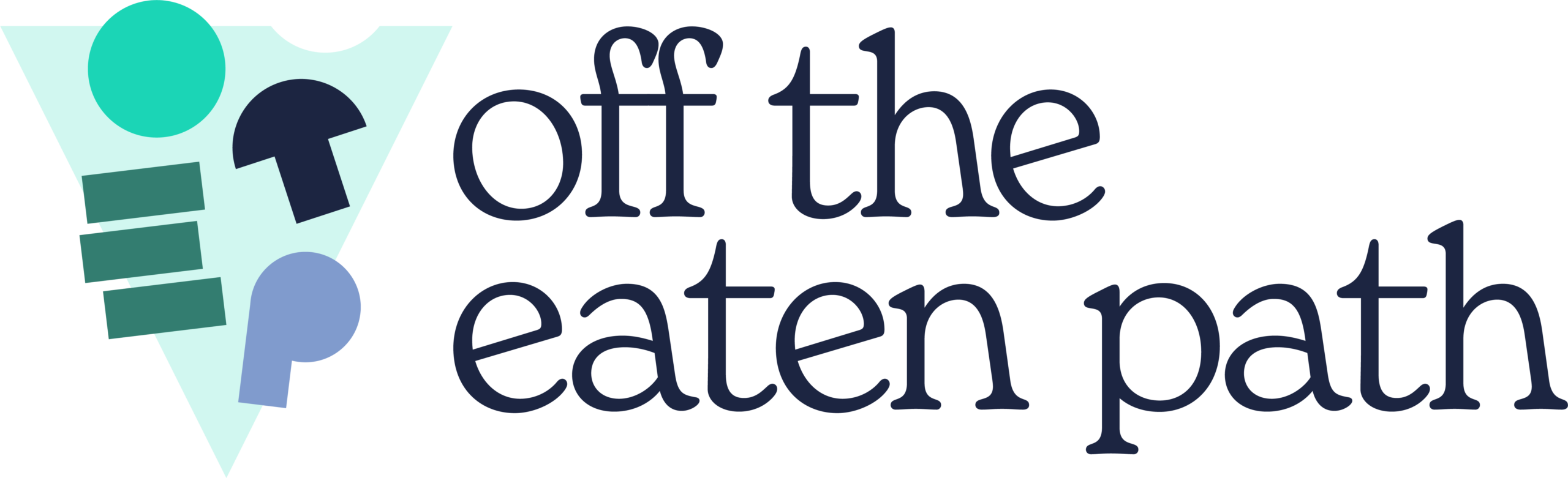 Logo with abstract geometric shapes on the left and the words off the eaten path in dark, lowercase letters on the right.