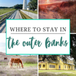 A collage features an old lighthouse, a beach sunset, wild horses grazing, and a yellow house, with text reading “Where to stay in the Outer Banks” and “Off the eaten path,” highlighting unique Outer Banks towns.