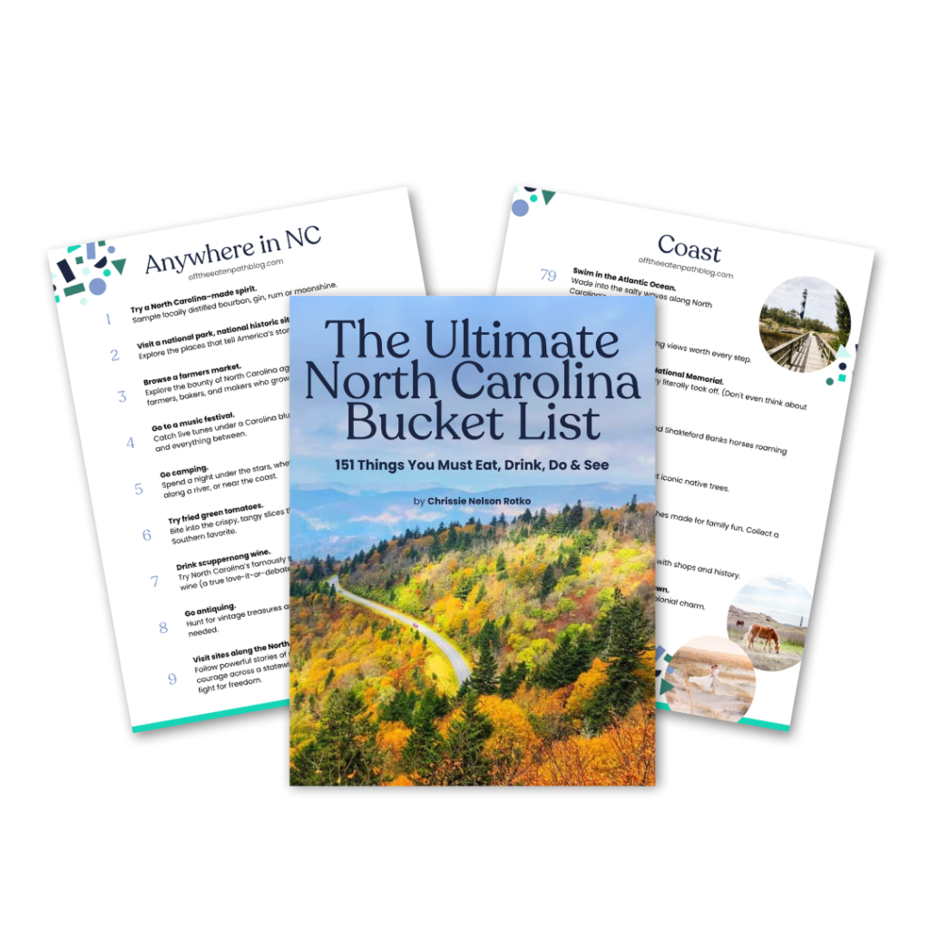 Three pages are shown: the center page is a book cover titled The Ultimate North Carolina Bucket List with a scenic road photo; the other two pages list off the eaten path activities with photos and text.