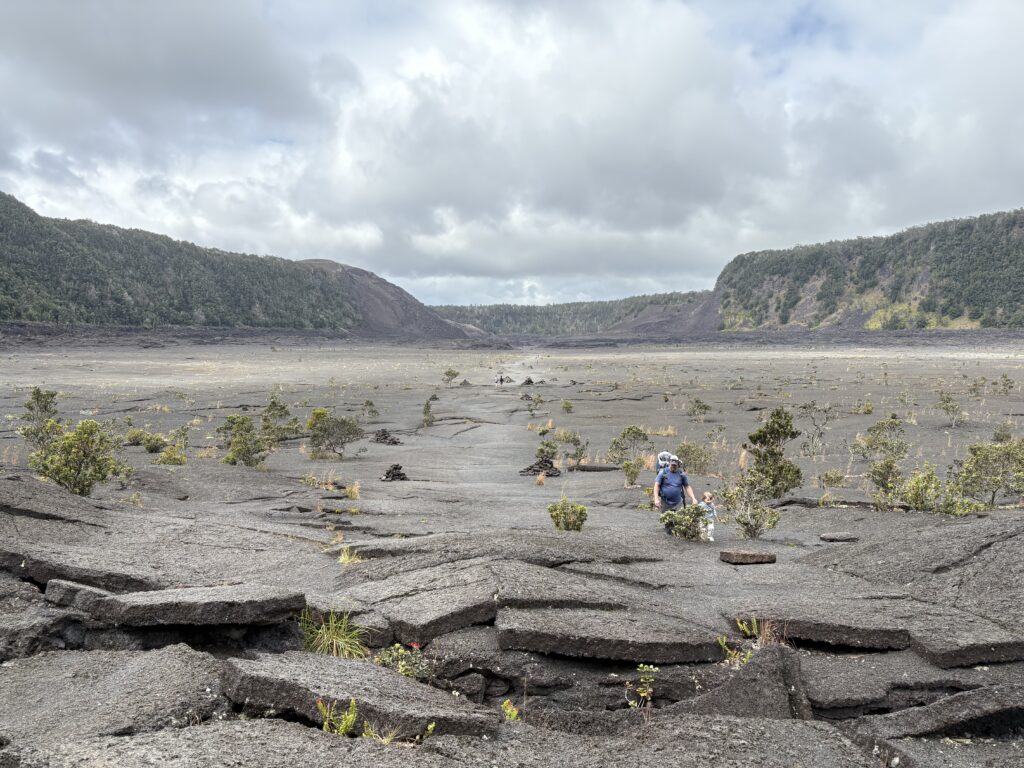 A hiker with a backpack walks across a vast, cracked volcanic landscape dotted with small plants, surrounded by green, forested crater walls under a partly cloudy sky.