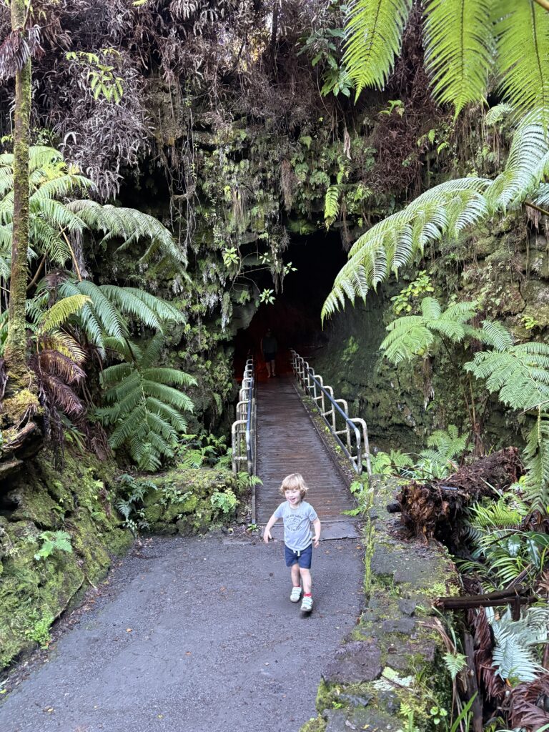 A young boy walks on a paved path toward the camera, in front of a bridge leading into a dark cave surrounded by lush green ferns and moss in a tropical forest.