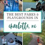 A collage of photos showing children and families playing at charlotte parks, a service dog resting, and a stroller on a bridge, with the text: The best parks & playgrounds in Charlotte, NC.
