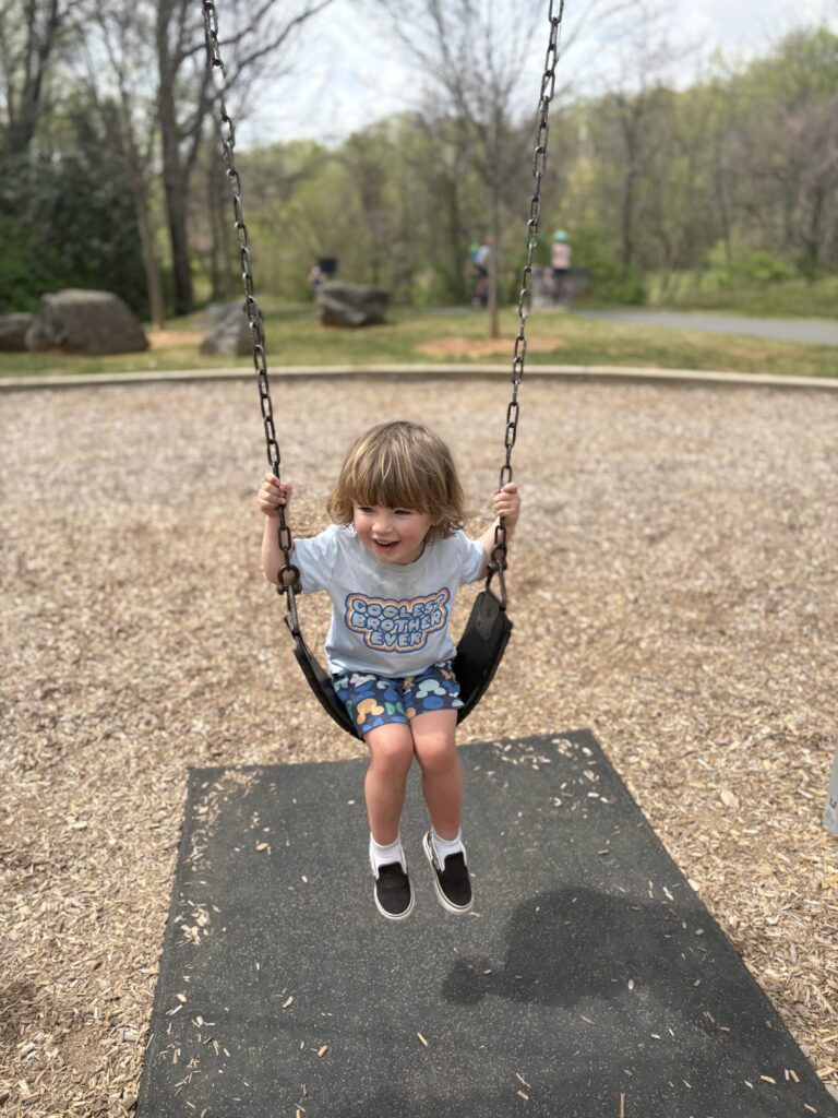 A young child with light brown hair and a playful t-shirt swings smiling on a playground swing. The background shows trees, rocks, and a few people blurred in the distance.