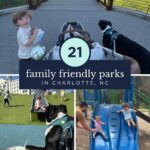 A collage shows kids and a dog enjoying charlotte parks—walking on a bridge, sitting on grass, and playing on a blue slide. Text reads: 21 family friendly parks in Charlotte, NC with a blog URL at the bottom.