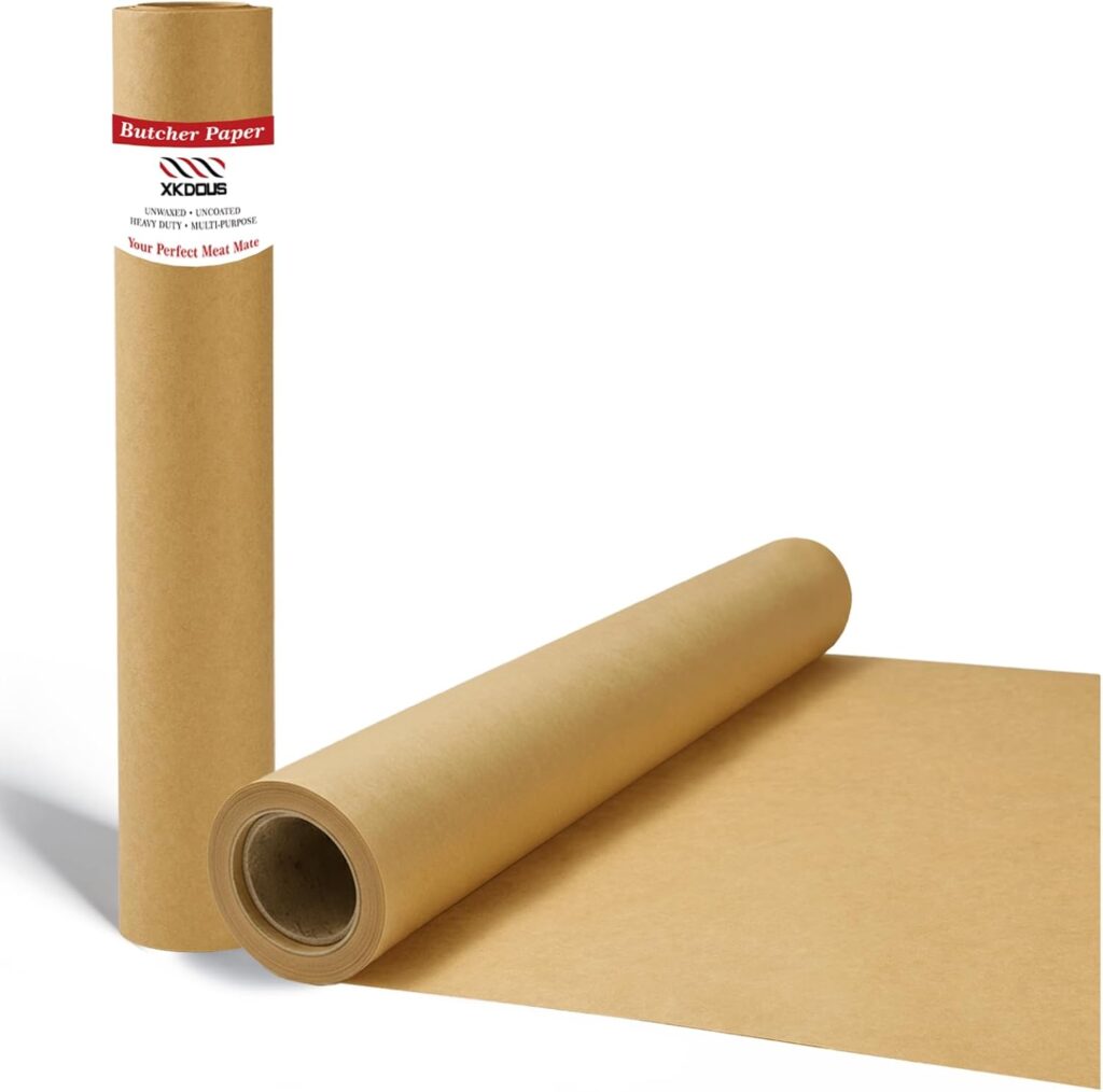 A roll of brown butcher paper is shown, with one roll standing upright and another lying down with part of the paper unrolled and flat on the surface. The label on the standing roll reads Butcher Paper.