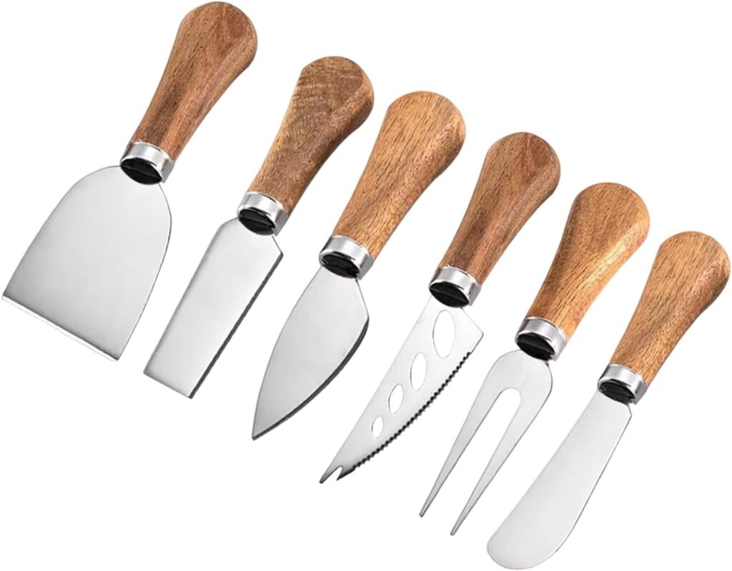 A set of six cheese knives and tools with wooden handles, including various blades and a fork, arranged in a row on a white background.