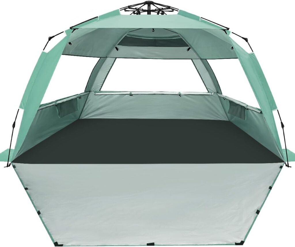 A light green and gray hexagonal pop-up tent with an open front, mesh windows, and a high ceiling, designed for outdoor use such as camping or beach activities.