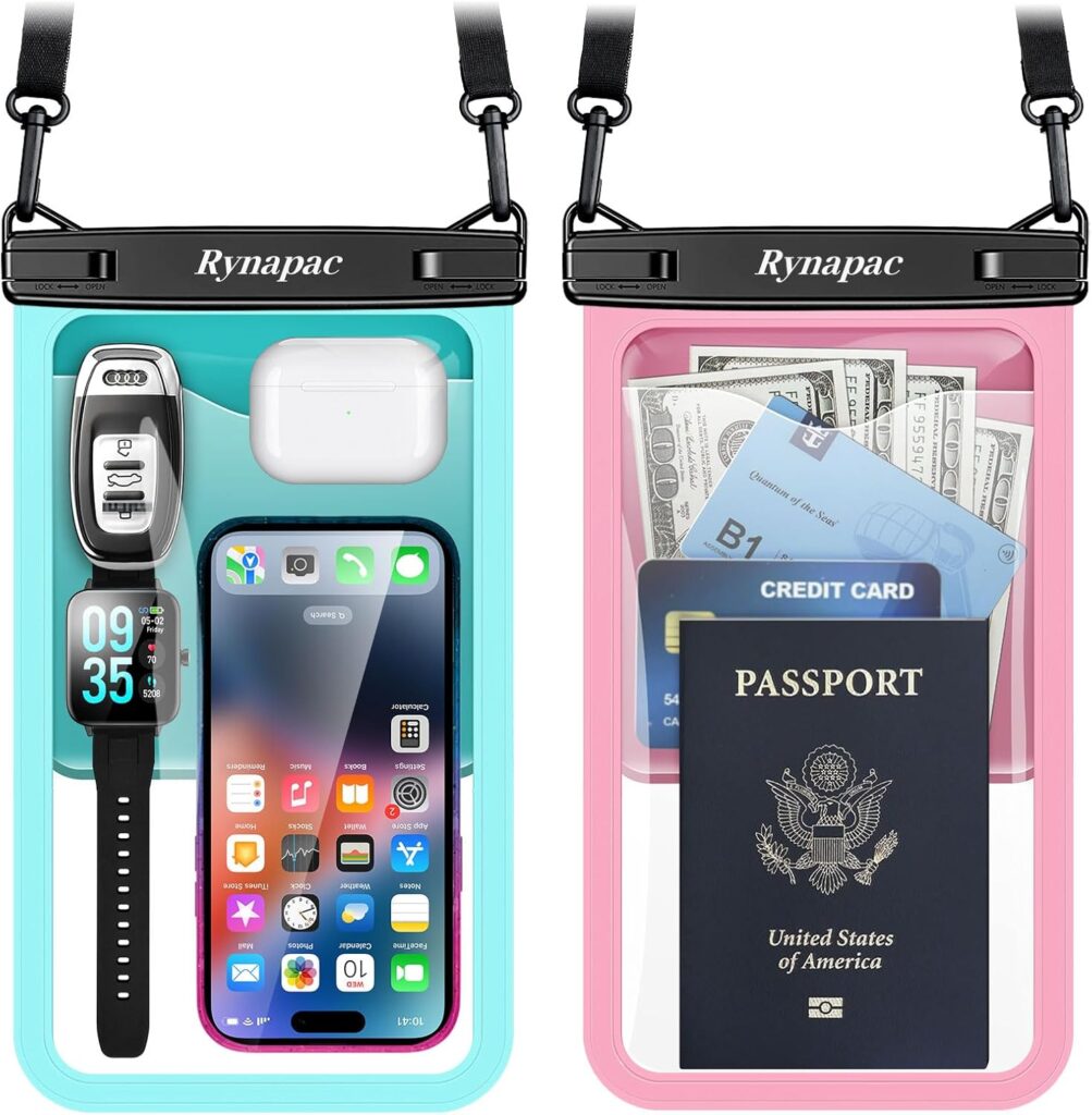 Two waterproof pouches with straps: the left pouch holds a smartwatch, phone, and earbuds; the right pouch holds cash, a credit card, a boarding pass, and a U.S. passport. Both pouches are labeled Rynapac.