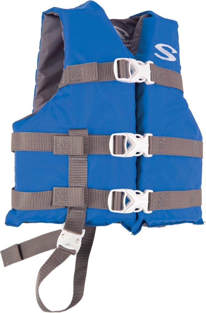 A blue life jacket with three gray buckle straps across the front and an additional strap at the bottom; features a white logo on the upper right side.
