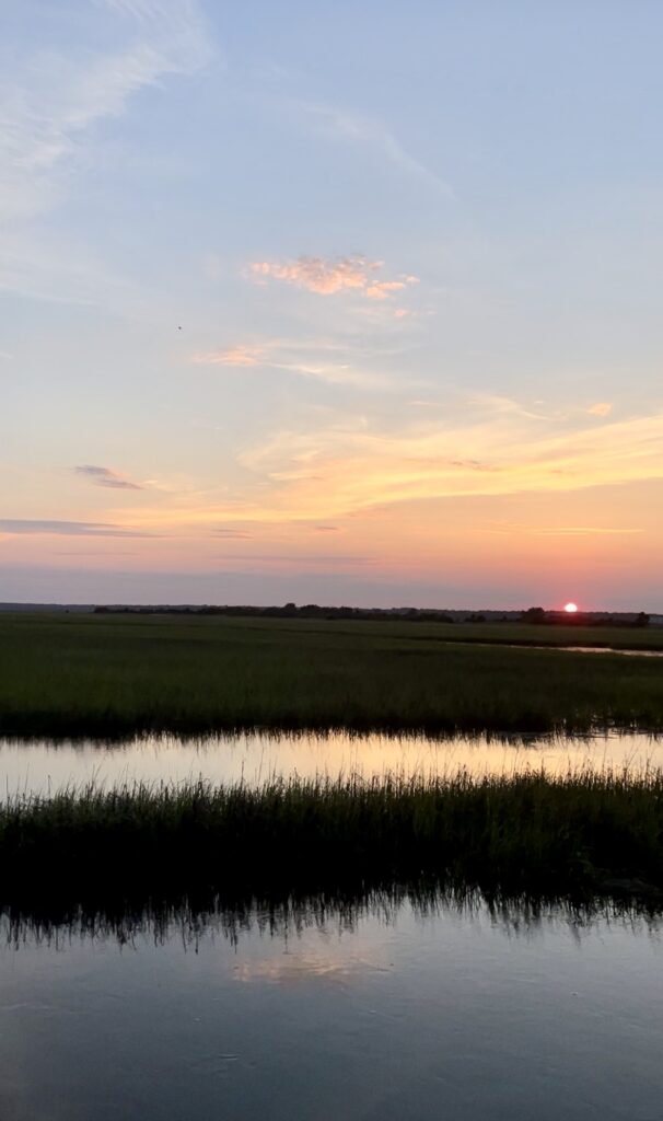 A serene landscape shows the sun setting over a marsh, casting a warm orange and pink glow in the sky. Grassy wetlands and water reflect the colors of the sunset, creating a peaceful and calm scene.