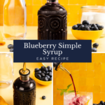 A bottle of blueberry syrup on a yellow background, fresh blueberries in bowls, and syrup being poured into a glass with ice and berries. Text reads: Blueberry Simple Syrup Easy Recipe..