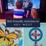 Two children look at fish in an aquarium, pose by a butterfly photo board, and stand under a Turtle Hospital sign—showcasing some of the best things to do in Key West with kids. Text reads Kid-Friendly Activities in Key West.