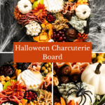 A Halloween-themed charcuterie board with cheeses, meats, crackers, candy, flowers, a white pumpkin, and plastic spiders, set on a dark background with spiderwebs. Text overlay reads Halloween Charcuterie Board..